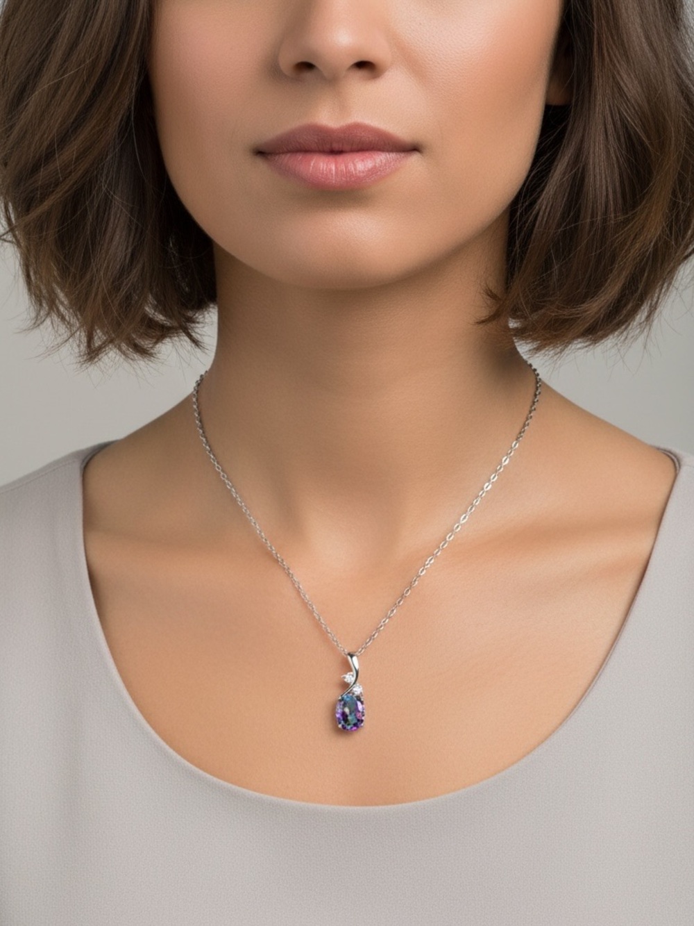 Silver Platinum Iridescent Purple Aurora Borealis Opal Teardrop Necklace.